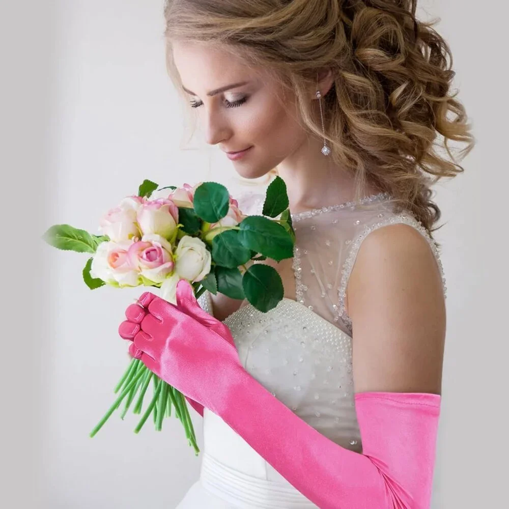 Women's Satin Rose Red Long Gloves Costumes Elbow Length Evening Party Prom